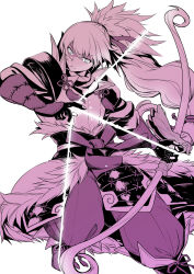  1boy arrow_(projectile) bow_(weapon) closed_mouth commentary_request english_commentary fire_emblem fire_emblem_fates fujin_yumi_(fire_emblem) highres holding holding_arrow holding_bow_(weapon) holding_weapon looking_at_viewer male_focus monochrome nakabayashi_zun ponytail simple_background takumi_(fire_emblem) weapon 