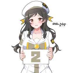  absurdres alternate_costume aria_(manga) aria_company_uniform artist_name beret black_hair blush breasts brown_eyes collarbone commentary_request cowboy_shot dated dress hat hat_ribbon highres holding holding_sign idolmaster idolmaster_million_live! kitazawa_shiho long_hair looking_at_viewer medium_breasts nillis open_mouth ribbon sailor_collar short_sleeves sidelocks sign simple_background twitter_username white_background white_dress white_hat white_sailor_collar 