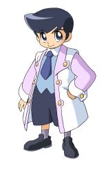  1boy absurdres black_shoes blue_necktie blue_shirt closed_mouth coat collared_shirt full_body grey_shoes hand_on_own_hip highres kitazawa_ken lab_coat male_focus necktie official_art pink_sleeves powerpuff_girls_z shirt shoes short_hair shorts transparent_background very_short_hair white_coat 