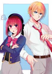  1boy 1girl arima_kana belt black_ribbon black_vest blonde_hair blue_background blue_hat blue_jacket blush border bow brown_belt caramelo_pudin collared_shirt commentary crossed_arms grey_pants grey_skirt hat hat_ribbon highres holding_own_neckwear hoshino_aquamarine jacket long_sleeves looking_up loose_necktie necktie open_mouth oshi_no_ko pants red_bow red_eyes red_hair red_necktie ribbon school_uniform shirt short_hair skirt twitter_username undone_collar untranslatable_commentary vest white_border white_shirt 