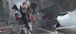  1girl absurdres ar-15 assault_rifle barricade blue_eyes car city day girls'_frontline_2:_exilium girls_frontline gloves gun highres holding holding_gun holding_weapon jacket long_hair long_sleeves motor_vehicle outdoors pleated_skirt purple_hair red_gloves red_jacket rifle seigen skirt solo st_ar-15_(girls'_frontline) walking weapon white_skirt 