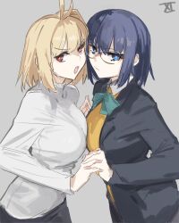  2girls absurdres annoyed antenna_hair arcueid_brunestud asymmetrical_docking black_jacket blonde_hair blue_eyes blue_hair blue_shirt bow breast_press breasts bright_pupils ciel_(tsukihime) collared_shirt glasses green_bow grey_background grey_skirt hair_between_eyes highres interlocked_fingers jacket jonyeld large_breasts leaning_on_person looking_at_viewer miniskirt multiple_girls numbered open_clothes open_jacket plaid_clothes plaid_skirt red_eyes roman_numeral school_uniform shirt short_hair single_hair_intake skirt souya_high_school_uniform sweater tsukihime tsukihime_(remake) turtleneck turtleneck_sweater vest white_pupils white_shirt white_sweater yellow_vest 