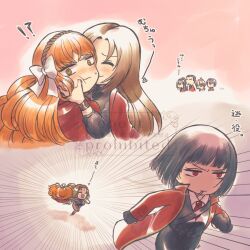  !? 3girls 4boys 793_(oo793oo) black_hair black_pants black_vest blush bob_cut bow brown_hairband closed_mouth commentary_request fleeing freckles green_eyes gregor_(project_moon) hair_bow hairband hong_lu_(project_moon) ishmael_(project_moon) jacket kiss kissing_cheek limbus_company long_hair meursault_(project_moon) multiple_boys multiple_girls orange_hair pants pink_background project_moon red_jacket rodion_(project_moon) rope running ryoshu_(project_moon) short_hair sidelocks upper_body very_long_hair vest white_bow yi_sang_(project_moon) 
