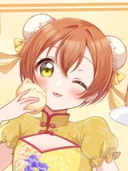  1girl :p ;p blush chinese_clothes clothing_cutout commentary double_bun dress floral_print floral_print_dress food hair_bun hair_ribbon highres holding holding_food hoshizora_rin looking_at_viewer love_live! love_live!_school_idol_project one_eye_closed orange_hair osono_(osonokichi) print_dress qipao ribbon short_hair short_sleeves smile solo tongue tongue_out untranslatable_commentary upper_body yellow_dress yellow_eyes yellow_ribbon 