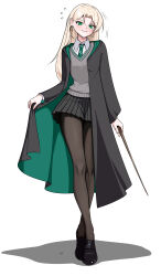 1girl absurdres black_pantyhose black_robe black_shoes black_skirt black_sweater_vest blonde_hair closed_mouth collared_shirt commentary_request earrings genderswap genderswap_(mtf) green_eyes green_robe green_skirt harry_potter_(series) highres hogwarts_school_uniform holding holding_wand hoop_earrings jewelry long_hair looking_at_viewer malfoid pantyhose robe school_uniform shadow shirt shoes skirt solo sweater_vest two-sided_fabric two-sided_robe two-tone_robe wand white_background white_shirt wizarding_world zzy_(pixiv_55172414) 