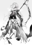  1girl a9712mob arknights bangs cropped_legs earrings gladiia_(arknights) gloves grey_background greyscale hair_over_one_eye highres holding holding_polearm holding_weapon injury jewelry long_hair monochrome no_hat no_headwear one_eye_covered pointy_ears polearm red_eyes simple_background sketch solo spot_color torn_clothes weapon 