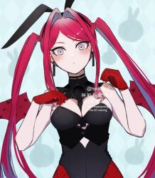  1girl animal_ears baobhan_sith_(bloody_bunny)_(fate) baobhan_sith_(fate) black_leotard blush breasts closed_mouth commentary_request earrings fake_animal_ears fate/grand_order fate_(series) fishnet_pantyhose fishnets gloves grey_eyes jewelry large_breasts leotard long_hair looking_at_viewer medium_breasts nakanohiro pantyhose pink_hair playboy_bunny pointy_ears rabbit_ears red_gloves red_hair red_pantyhose solo twintails 