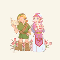  1boy 1girl :d ;d belt blonde_hair blue_eyes blue_sleeves boots bracelet brown_belt brown_boots child commentary dress english_commentary flower fold-over_boots full_body grin hand_on_own_hip headdress helikasei holding holding_mask jewelry link long_dress mask mask_of_truth one_eye_closed open_mouth pink_flower pink_tulip pointy_ears princess_zelda shoulder_belt simple_background smile standing sword sword_on_back the_legend_of_zelda the_legend_of_zelda:_ocarina_of_time tulip weapon weapon_on_back yellow_background young_link young_zelda 