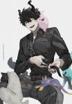  aia_amare animal_on_lap animal_on_shoulder animalization aster_arcadia asymmetrical_horns bangs black_cat black_hair black_shirt blue_cat cat cat_on_lap cat_on_shoulder claw_ring commentary copyright demon_horns fangs hair_between_eyes highres horns jewelry k00s kyo_kaneko male_focus maria_marionette multiple_rings nijisanji nijisanji_en nuzzle on_lap one_eye_closed open_mouth pants pink_cat plaid plaid_pants purple_cat ren_zotto ring scarle_yonaguni shirt simple_background smile solo_focus symbol-only_commentary virtual_youtuber white_background white_cat 
