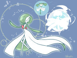  1girl arm_up artist_name blue_background bob_cut closed_eyes closed_mouth colored_skin commentary_request crossed_legs evolution facing_viewer flat_chest floating_hair full_body gardevoir glowing green_skin hair_between_eyes hair_over_one_eye hands_on_own_chest hands_up happy kirlia light_particles long_hair monya multicolored_skin multiple_views no_feet one_eye_covered own_hands_together pokemon pokemon_(creature) short_hair signature silhouette smile standing transformation two-tone_skin u_u watson_cross white_skin 
