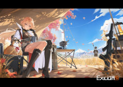  absurdres assault_rifle beret blonde_hair bullpup cat cheyanne_(girls'_frontline_2) closed_mouth girls'_frontline_2:_exilium girls_frontline gun hat highres holding jacket kalina_(girls'_frontline) kalinya logo long_hair looking_at_viewer low_ponytail m200_(girls'_frontline) ots-14_(girls'_frontline) ots-14_groza ponytail rifle short_hair smile user_zcxf4233 weapon yellow_eyes 