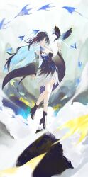  1girl bird bird_on_hand black_boots black_dress black_hair blue_eyes blue_hair boots breasts closed_mouth colored_inner_hair dress full_body hand_up highres jacket kji_(rozo) long_hair looking_at_viewer medium_breasts multicolored_hair smile solo tacet_mark_(wuthering_waves) white_jacket wide_sleeves wuthering_waves yangyang_(wuthering_waves) yangyang_(xuanling)_(wuthering_waves) 