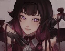  1girl black_gloves black_hair bow bright_pupils closed_mouth columbina_(big_bad_vampire)_(genshin_impact) columbina_(genshin_impact) genshin_impact gloves gradient_hair highres long_hair looking_at_viewer multicolored_hair nawkumi official_alternate_costume portrait purple_bow purple_hair purple_ribbon ribbon solo twitter_username violet_eyes white_pupils 