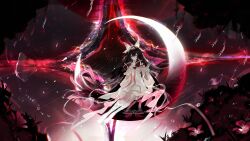  1girl absurdres artist_name black_hair closed_eyes columbina_(genshin_impact) commentary dress english_commentary eye_mask facing_viewer flower full_body genshin_impact hair_between_eyes hair_ribbon head_wings highres long_hair mask multicolored_hair on_crescent open_mouth red_hair ribbon sitting smile solo very_long_hair watermark white_dress white_ribbon white_wings wings yumicowyvern 