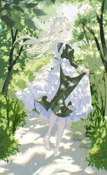  1girl absurdres apron back_bow barefoot blonde_hair blue_eyes blurry blurry_foreground bow bush closed_mouth dappled_sunlight day depth_of_field dirt_road double-parted_bangs expressionless forest frills full_body grass highres holding_own_dress leaf long_hair looking_at_viewer looking_back maid maid_headdress nature nekory original outdoors plant road soles solo sunlight walking white_apron white_bow 
