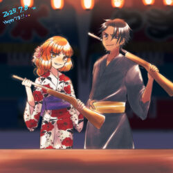  1boy 1girl 793_(oo793oo) black_kimono braid brown_sash commentary_request cowboy_shot dated floral_print floral_print_kimono green_eyes grin gun heathcliff_(project_moon) holding holding_gun holding_weapon ishmael_(project_moon) japanese_clothes kimono limbus_company long_hair looking_at_viewer obi orange_hair print_kimono project_moon purple_sash sash smile summer_festival weapon white_kimono yukata 
