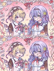  2girls apron blush brown_hair cake cake_slice closed_mouth cup drinking_glass food glasses green_eyes hair_over_one_eye hairband headdress heaven_burns_red highres holding holding_plate holding_spoon izumi_yuki kayamonri kayamori_ruka long_hair looking_at_another maid multiple_girls one_eye_covered open_mouth parfait parfait_glass plate pudding purple_hair red_eyes short_hair spoon white_apron 