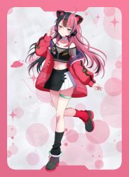  1girl ahoge asymmetrical_legwear bang_dream! bang_dream!_yumemita black_hair black_shoes choker commentary full_body hair_ornament hairclip headphones highres jacket looking_at_viewer midori_(bangdreamgh) midriff mismatched_legwear mismatched_socks multicolored_hair navel open_clothes open_jacket open_mouth pink_hair red_eyes red_jacket sengoku_yuno sengoku_yuno_(virtual) shoes socks solo thigh_strap two-tone_hair virtual_youtuber white_choker 