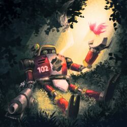  after_battle arm_cannon armor bird bird_on_hand damaged e-102_gamma flicky_(character) forest grass green_eyes gun hand_up helmet hera_souflee highres humanoid_robot leaf mecha multicolored_armor nature no_humans non-humanoid_robot open_hand outdoors power_armor red_armor robot sitting smoke smoking_barrel solo sonic_(series) sonic_adventure sunlight tree weapon 