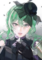  1girl black_dress black_gloves black_hat commentary_request dress fascinator fire_emblem fire_emblem:_fortune's_weave gloves green_eyes green_hair hasamikunihiro hat highres long_bangs looking_at_viewer ninae_(fire_emblem) open_mouth purple_ribbon ribbon upper_body 