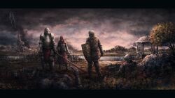  1girl 5boys armor army artist-provided_artwork battle breastplate capelet cavalry check_clothing church clothing_request faulds flower from_behind full_armor full_body gauntlets gazebo greaves helm helmet highres holding holding_mace holding_shield holding_sword holding_weapon hood hooded_capelet knight landscape letterboxed lying mace medieval morningstar_(weapon) multiple_boys on_back original outdoors pavilion pelvic_curtain plate_armor poleyn red_capelet red_skirt scenery shield shoulder_armor shveik_88 skirt sky smoke standing sword war weapon zweihander 