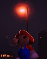  1boy absurdres blue_eyes blue_overalls building buttons cigarette commentary english_commentary facial_hair feet_out_of_frame gloves highres lamppost long_sleeves male_focus mario night noubodying outdoors overalls profile red_shirt shirt short_hair sideburns sky smoke smoke_trail smoking solo standing super_mario_64 super_mario_bros. very_short_hair white_gloves 