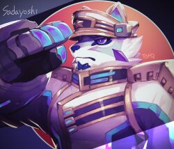  1boy animal_ears artist_name character_name claw_(weapon) closed_mouth commentary_request furry furry_male highres live_a_hero looking_to_the_side male_focus sadayoshi_(live_a_hero) salute toomiro upper_body weapon wolf_boy wolf_ears 