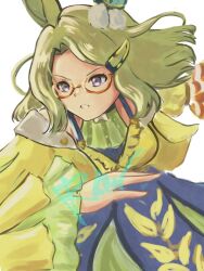  1girl air_messiah_(inherited_hope)_(umamusume) air_messiah_(umamusume) animal_ears breasts brown-framed_eyewear commentary dress glasses green_hair hair_ornament hairclip highres horse_ears horse_girl long_sleeves medium_hair open_mouth orange-framed_eyewear rollinzart running simple_background solo umamusume violet_eyes white_background 