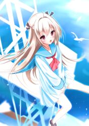  1girl :o ahoge arms_between_legs atri atri-my_dear_moments- bird blue_sailor_collar blush brown_hair brown_shoes commentary_request day dress floating_hair foot_out_of_frame from_above hair_between_eyes hair_intakes highres jpeg_artifacts loafers long_hair looking_ahead neckerchief no_socks ocean open_mouth outdoors red_eyes red_neckerchief sailor_collar sailor_dress seagull shoes short_dress sidelocks sitting solo sunlight two_side_up uuy_(uuypro) v_arms very_long_hair white_dress 