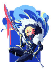  1boy areadbhar_(fire_emblem) artist_name aurumis bad_source blood blood_on_face blood_on_weapon blue_cape cape closed_mouth dated dimitri_alexandre_blaiddyd dimitri_alexandre_blaiddyd_(timeskip) english_commentary eyepatch fire_emblem fire_emblem:_three_houses fur-trimmed_cape fur_trim holding holding_polearm holding_weapon lance looking_at_viewer male_focus one_eye_covered polearm weapon 