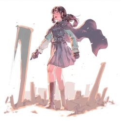  1girl belt black_cape black_coat black_gloves black_hair black_shoes black_socks buttons cape chainsaw_man clenched_hand coat collared_shirt commentary_request cross_scar debris dress dress_shirt elbow_gloves facing_ahead finger_gun floating_cape gloves highres long_sleeves mumumi neck_ribbon open_mouth perspective pinafore_dress pleated_skirt ponytail red_eyes ribbon ringed_eyes scar scar_on_cheek scar_on_face scar_on_nose shirt shoes simple_background skirt sleeveless sleeveless_dress socks standing suspender_skirt suspenders swept_bangs teeth thighs tongue upper_teeth_only white_background white_shirt yoru_(chainsaw_man) 