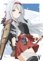  1girl aircraft airplane brown_eyes brown_gloves commentary_request flight_deck gloves grey_hair hairband hakama hakama_short_skirt hakama_skirt highres japanese_clothes kantai_collection kimono long_hair muneate partially_fingerless_gloves red_hairband shoukaku_(kancolle) single_glove skirt solo takasaka_light thigh-highs white_kimono yugake 