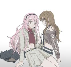  2girls bang_dream! bang_dream!_our_notes black_pants brown_hair earrings gradient_background grey_background grey_eyes grey_jacket grey_shirt grey_skirt highres hoop_earrings izumi_houka jacket jewelry kotohira_nagi long_hair multiple_girls necklace pants pearl_necklace pink_hair pleated_skirt red_shirt shirt sitting sitting_on_lap sitting_on_person skirt white_background x_ggi yuri 