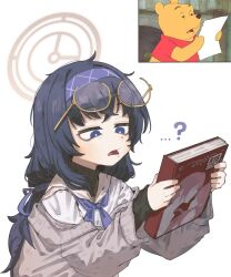  1girl ? absurdres bags_under_eyes black_hair blue_archive book bright_pupils cardigan commentary content_rating crossed_bangs english_commentary hairband halo highres holding holding_book long_hair long_sleeves lord_potato meme purple_hairband purple_ribbon reference_inset ribbon sailor_collar simple_background solo ui_(blue_archive) upper_body very_long_hair white_background white_pupils winnie_the_pooh_reading_(meme) 