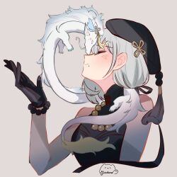  1girl absurdres animalization artist_logo bare_shoulders beret black_gloves black_hat black_shirt breasts closed_eyes closed_mouth commentary cropped_torso dragon english_commentary gloves grey_hair hand_up hat highres jinhsi_(wuthering_waves) logo medium_breasts mole mole_under_mouth sanhua_(wuthering_waves) shirt sleeveless sleeveless_shirt smile wuthering_waves yuutama2804 