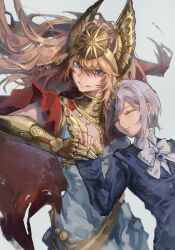  2girls black_coat blonde_hair blue_eyes bow bowtie cape chinese_commentary coat commentary_request dress gauntlets gold_choker grey_hair grin hair_ornament highres holding_hands huntsworn_lilya lilya_(reverse:1999) long_hair looking_at_viewer multiple_girls official_alternate_costume red_cape reverse:1999 shirt smile upper_body vertin_(reverse:1999) white_background white_bow white_bowtie white_dress white_shirt xiangjiao_(8121636837) 