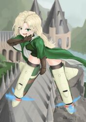  1girl absurdres black_thighhighs blonde_hair brown_gloves building commentary deadinonehit east-west_crossover english_commentary fingerless_gloves flying full_body gloves green_eyes green_robe green_sweater hair_ornament hairclip harry_potter_(series) highres hogwarts holding holding_wand in-universe_location lake long_hair looking_at_viewer malfoid open_mouth outdoors parallel_hairclips parted_bangs pose_request propeller robe school side_part sky solo spire strike_witches striker_unit sweater teeth thigh-highs tree turtleneck turtleneck_sweater twitter_username valley vambraces wand wide_sleeves window wizarding_world world_witches_series 