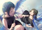  2girls bangs bare_shoulders black_dress black_hair blue_eyes blue_feathers blue_hair blush closed_eyes closed_mouth clouds collarbone dress falling_feathers feathers flute flying hands_up hibike!_euphonium holding holding_hands holding_instrument instrument kasaki_nozomi liz_to_aoi_tori long_hair looking_at_another momiji_asterisk multiple_girls oboe parted_lips ponytail short_sleeves sleeveless sleeveless_dress smile wings yoroizuka_mizore 
