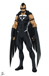  1boy abs armband black_armband black_condor_(dc) black_sclera colored_sclera dc_comics facepaint full_body fur_trim highres leotard mohawk muscular muscular_male phil-cho red_eyes standing superhero_costume 