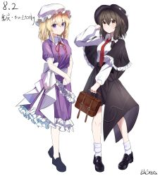  2girls adapted_costume artist_name black_capelet black_hat black_shoes black_skirt blonde_hair bow brown_eyes brown_hair capelet chinese_text collared_dress collared_shirt dress ehextra full_body hair_bow hat hat_bow highres loafers long_hair long_sleeves looking_at_viewer maribel_hearn mob_cap multiple_girls neck_ribbon purple_dress red_ribbon ribbon shirt shirt_tucked_in shoes simple_background skirt smile touhou translation_request usami_renko white_background white_bow white_hat white_shirt 