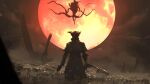  axe black_sky bloodborne cloak coat duel floating from_behind hat highres holding holding_axe holding_saw_cleaver holding_weapon hunter_(bloodborne) hunting long_coat monster moon moon_presence red_moon saw_cleaver scene_reference tentacles weapon 