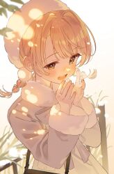  1girl :d artist_name azuki_mochi132 bag blurry blurry_background blush braid breath breathing_on_hands coat commentary depth_of_field dress fur-trimmed_collar fur-trimmed_sleeves fur_trim handbag hat highres indie_virtual_youtuber long_sleeves low_twin_braids open_mouth orange_hair shigure_ui_(vtuber) shirt short_hair smile snow solo swept_bangs teeth twin_braids twitter_username untranslatable_commentary upper_body upper_teeth_only warming_hands white_dress white_hat white_shirt yellow_eyes 