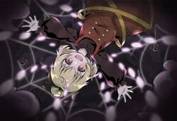  1girl arthropod_girl blonde_hair blush bow breasts brown_bow brown_dress brown_eyes bug cave commentary danmaku dress hair_bobbles hair_bow hair_ornament kurodani_yamame long_sleeves looking_at_viewer open_mouth outstretched_arms ribbon shirt short_hair silk smile solo spider spider_girl spider_web spread_arms touhou touhou_lost_branch_of_legend vikramjoti 
