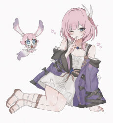  1girl ;) blue_eyes breasts coat commentary_request cyrene_(honkai:_star_rail) cyrene_(philia093)_(honkai:_star_rail) dress dual_persona gladiator_sandals hair_ornament highres honkai:_star_rail honkai_(series) index_finger_raised jewelry looking_at_viewer medium_hair mem_(honkai:_star_rail) multicolored_hair necklace nemuii15_oo one_eye_closed pink_hair purple_coat sandals simple_background small_breasts smile toes two-tone_hair white_background white_dress white_hair 