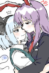  2girls absurdres animal_ears black_hairband blue_eyes blush closed_mouth commentary_request eye_contact face-to-face flying_sweatdrops green_vest hairband highres hug konpaku_youmu konpaku_youmu_(ghost) kyyubea long_hair long_sleeves looking_at_another multiple_girls necktie purple_hair rabbit_ears red_eyes red_necktie reisen_udongein_inaba short_hair simple_background sweatdrop touhou upper_body vest wavy_mouth white_background white_hair yuri 