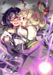  +_+ 2girls ahoge alternate_costume alternate_universe araga_kiwi artist_request bow bowtie collared_shirt double_bun elbow_gloves gloves green_gloves green_hat green_skirt grey_hair hair_bun hat heart heart_ahoge high-waist_skirt hiiragi_utena holding holding_riding_crop hug huge_ahoge looking_at_viewer magical_girl mahou_shoujo_ni_akogarete medium_hair mini_hat mixed-language_commentary multilingual_commentary multiple_girls one_eye_closed open_mouth purple_bow purple_bowtie purple_gloves purple_hair purple_skirt red_bow red_bowtie red_eyes riding_crop shirt skirt white_shirt yellow_eyes 