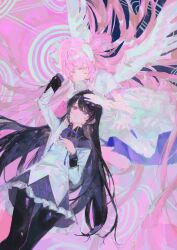 2girls abstract_background absurdly_long_hair absurdres akemi_homura akemi_homura_(magical_girl) black_hair black_pantyhose bow capelet chinese_commentary closed_mouth commentary_request dress expressionless feet_out_of_frame floating frilled_skirt frills gloves hair_bow hair_ribbon hairband hand_on_another's_head highres iinagi_(kashiwa_keira) jacket kaname_madoka layered_sleeves long_hair long_sleeves looking_at_another magical_girl mahou_shoujo_madoka_magica mahou_shoujo_madoka_magica_(anime) multiple_girls neck_ribbon pantyhose pink_hair pleated_skirt purple_capelet purple_eyes purple_ribbon purple_skirt ribbon short_sleeves skirt thighhighs two_side_up ultimate_madoka very_long_hair white_bow white_dress white_gloves white_jacket white_ribbon white_wings wings yellow_eyes