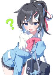  1girl ? absurdres ahoge animal_charm bag black_bag black_hair black_skirt blue_cardigan blue_eyes blue_hair blue_streaks blush bow bowtie breasts cardigan charm_(object) collared_shirt colored_inner_hair commentary_request cowboy_shot dress_shirt fang hair_between_eyes hair_bow hair_ornament hairclip half-closed_eyes highres holding holding_bag jitome leaning_forward long_sleeves looking_at_viewer miniskirt mole mole_on_neck multicolored_hair off_shoulder open_mouth original partially_open_cardigan pink_bow pink_bowtie pleated_skirt ponytail red_bow rei_hinasuki samezora_natsuri_(haluka_o0) school_bag school_uniform shark shark_charm shirt sidelocks simple_background skin_fang skirt sleeves_past_fingers sleeves_past_wrists small_breasts solo sticker streaked_hair triangle_hair_ornament two-tone_hair white_background white_shirt white_trim 