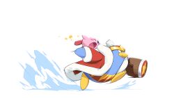  blush_stickers commentary english_commentary fur-trimmed_robe fur_trim hammer highres holding holding_hammer king_dedede kirby kirby_(series) kirby_64 one_eye_closed open_mouth robe running simple_background smile star_(symbol) svacob white_background 
