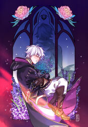  2boys artist_name aurumis bad_source blush boots brand_of_the_exalt brown_boots brown_gloves chrom_(fire_emblem) cloak closed_eyes commentary dated english_commentary fire_emblem fire_emblem_awakening from_behind from_side gloves hood hood_down hooded_cloak male_focus male_robin_(fire_emblem) merchandise_available multiple_boys open_mouth pants white_pants 